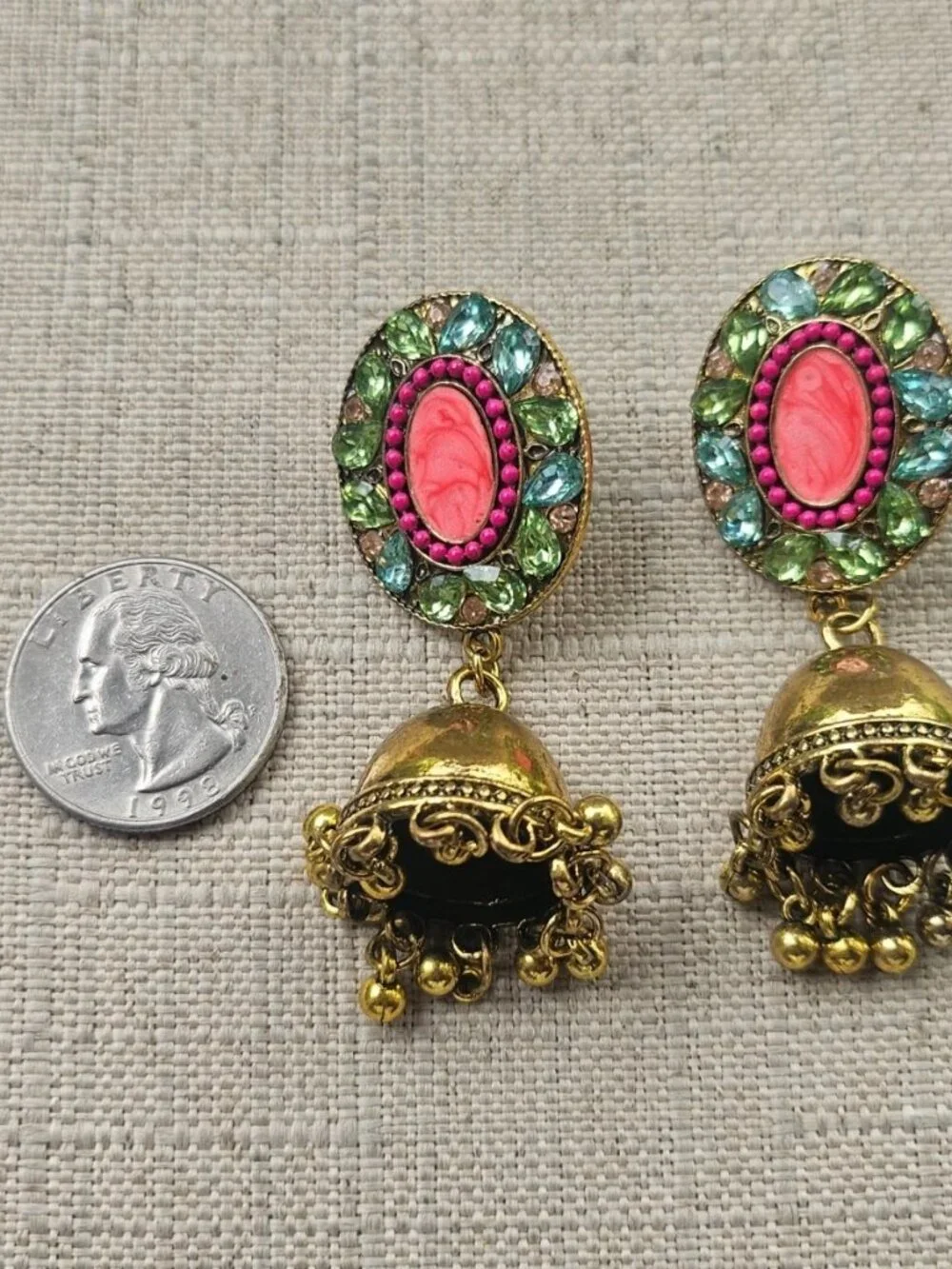 Pakistani Earrings Jhumka Fashion Jewelry Gold Tone Pink Beads Chandelier New - Picture 13 of 13